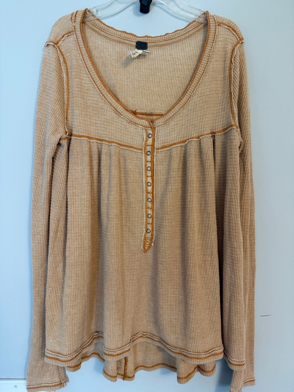 We The Free Beige Waffle Henley Long Sleeve Top